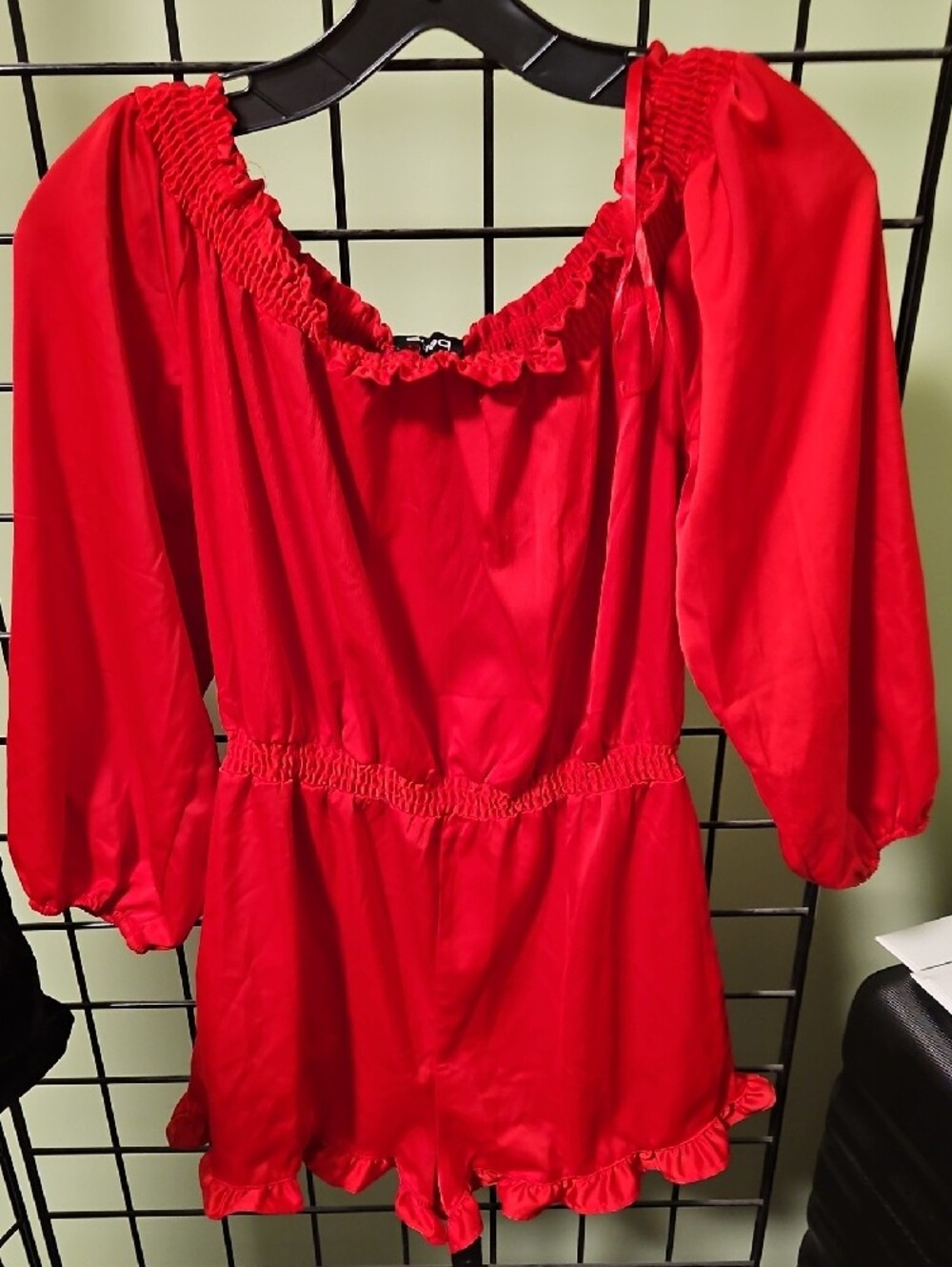 bebe Red Off-Shoulder Ruffle Romper - Picture 6 of 6